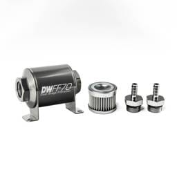 DeatshWerks In-Line Universal Fuel Filter Kit - Stainless Steel 10 Micron, 5/16in Hose Barb, 70mm