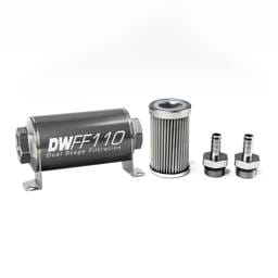 DeatshWerks In-Line Universal Fuel Filter Kit - Stainless Steel 10 Micron, 3/8in Hose Barb, 110mm