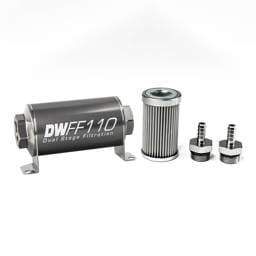 DeatshWerks In-Line Universal Fuel Filter Kit - Stainless Steel 10 Micron, 5/16in Hose Barb, 110mm