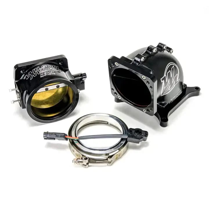 Wilson Manifolds 105MM Hi-Boost Throttle Body + 4150 Side/Side Billet Elbow Combo V-Band - Anodized Black