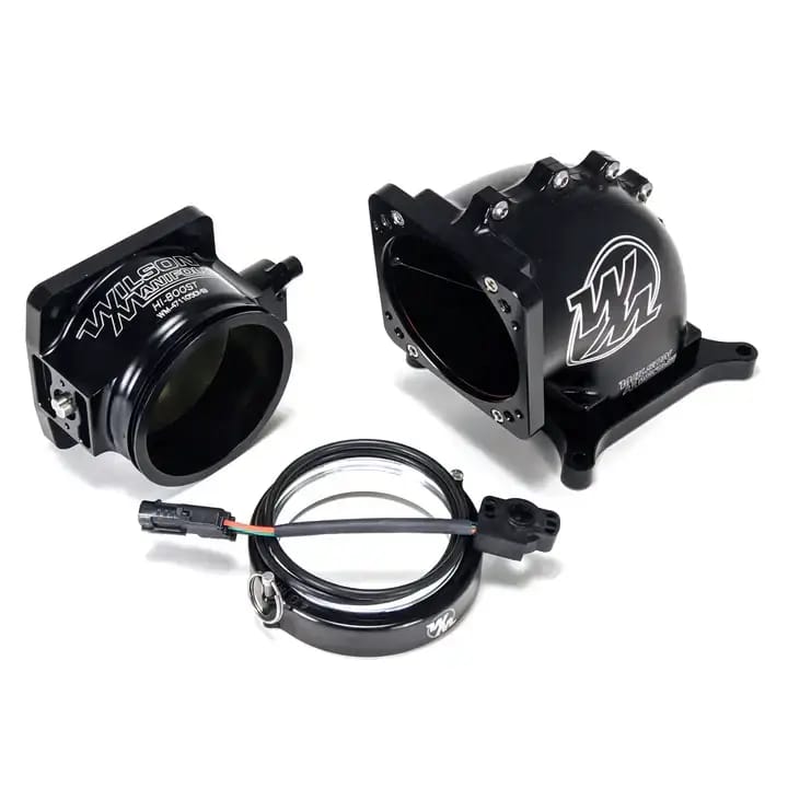Wilson Manifolds 105MM Hi-Boost Throttle Body + 4150 Side/Side Billet Elbow Combo D-Band - Anodized Black