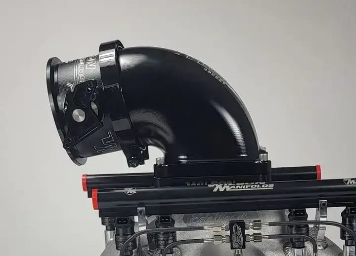 Wilson Manifolds 123MM Hi-Boost Throttle Body + 4500 Billet Elbow Combo V-Band - Anodized Black