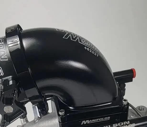 Wilson Manifolds 123MM Hi-Boost Throttle Body + 4500 Billet Elbow Combo V-Band - Anodized Black thumbnail 2
