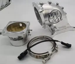 Wilson Manifolds 105MM Throttle Body + 4150 Side/Side Billet Elbow Combo V-Band - Silver Machined Finish