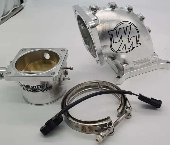 Wilson Manifolds 105MM Throttle Body + 4150 Side/Side Billet Elbow Combo V-Band - Silver Machined Finish