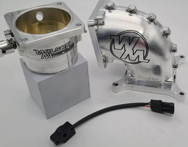 Wilson Manifolds 95MM Throttle Body + 4150 Front/Rear Billet Elbow Combo - Silver Machined Finish thumbnail 2