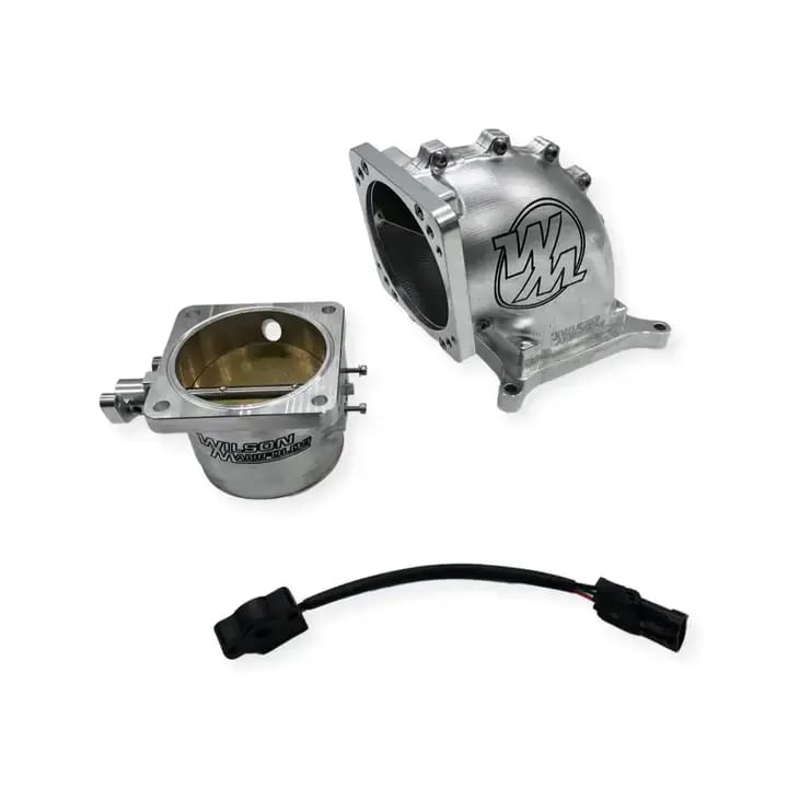 Wilson Manifolds 90MM Throttle Body + 4150 Side/Side Billet Elbow Combo - Silver Machined Finish