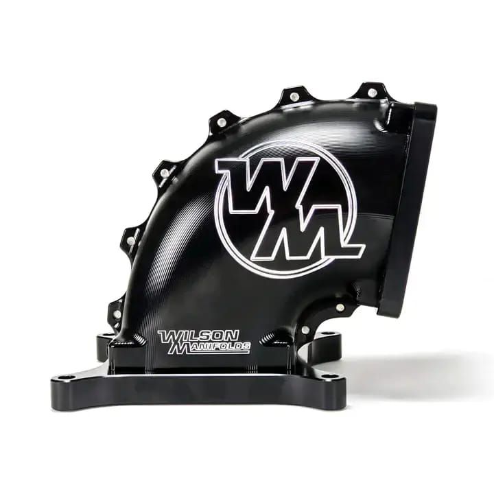 Wilson Manifolds 65MM-92MM 4150 Side/Side Facing Billet Elbow With Divider - Anodized Black thumbnail 2