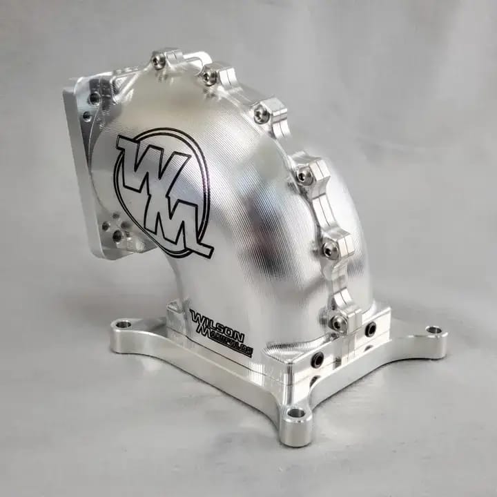 Wilson Manifolds 65MM-92MM 4150 Front/Rear Facing Billet Elbow With Divider - Silver Machined Finish thumbnail 2