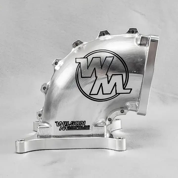 Wilson Manifolds 65MM-92MM 4150 Side/Side Facing Billet Elbow With Divider - Silver Machined Finish thumbnail 3