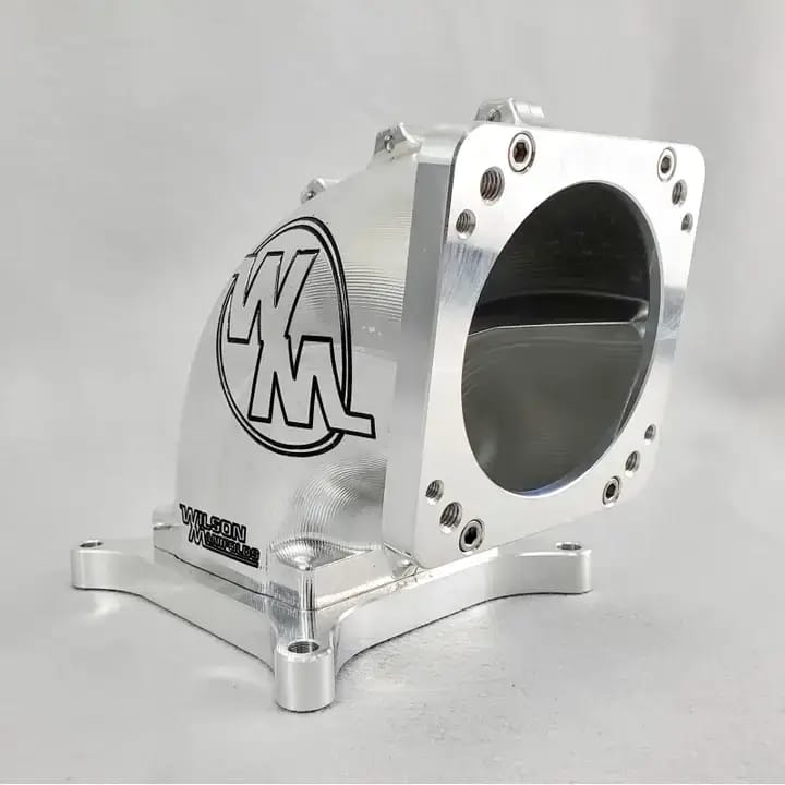 Wilson Manifolds 65MM-92MM 4150 Side/Side Facing Billet Elbow With Divider - Silver Machined Finish