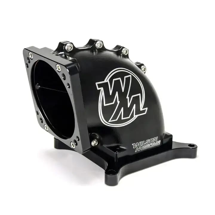 Wilson Manifolds 95MM-105MM 4150 Front/Rear Facing Billet Elbow With Divider - Anodized Black