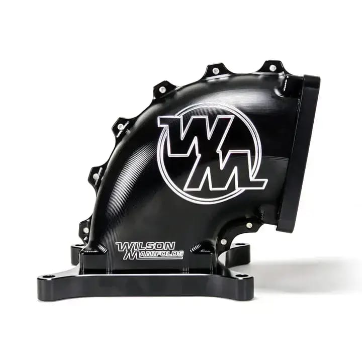Wilson Manifolds 95MM-105MM 4150 Side/Side Facing Billet Elbow With Divider - Anodized Black thumbnail 2