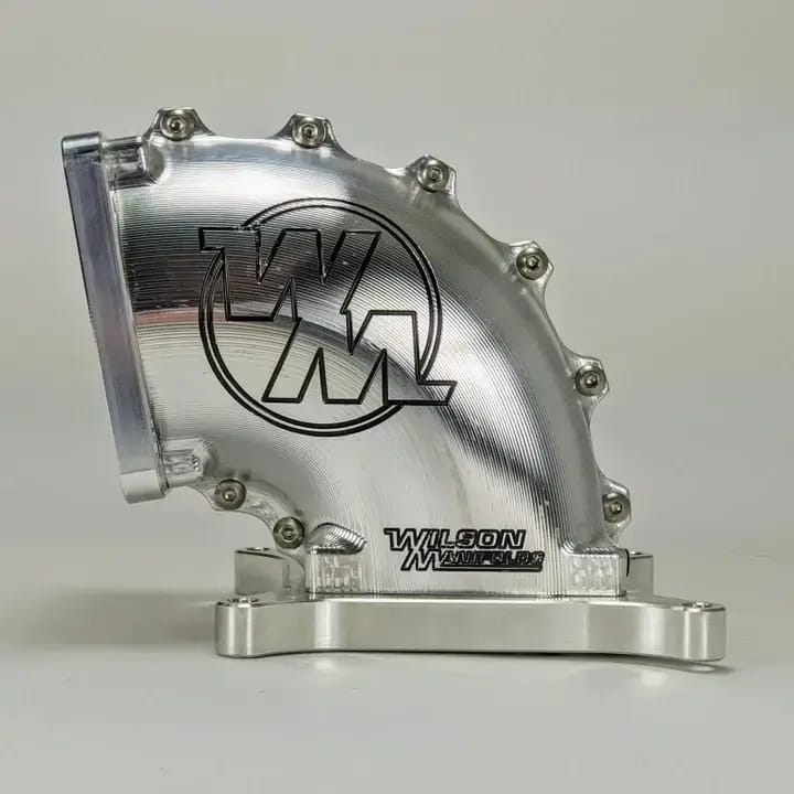 Wilson Manifolds 95MM-105MM 4150 Front/Rear Facing Billet Elbow With Divider - Silver Machined Finish thumbnail 5