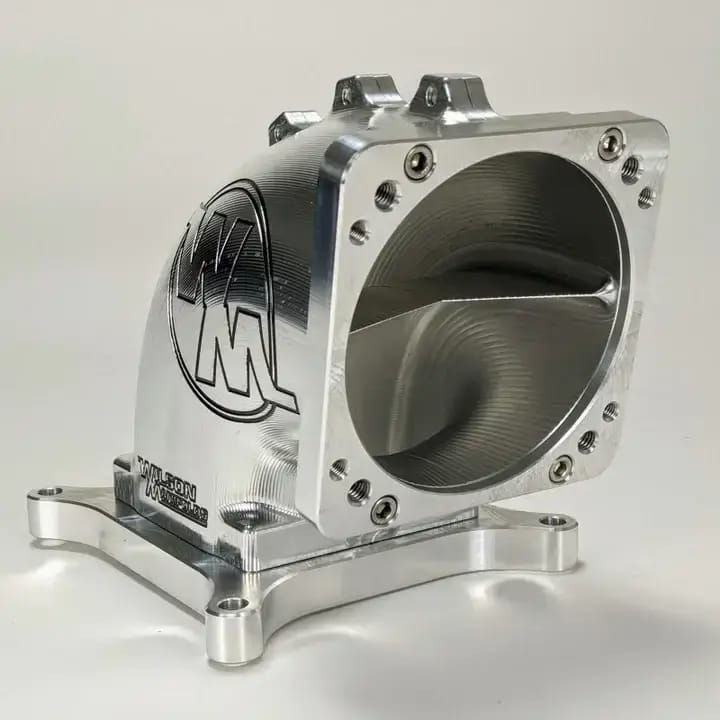 Wilson Manifolds 95MM-105MM 4150 Front/Rear Facing Billet Elbow With Divider - Silver Machined Finish thumbnail 2