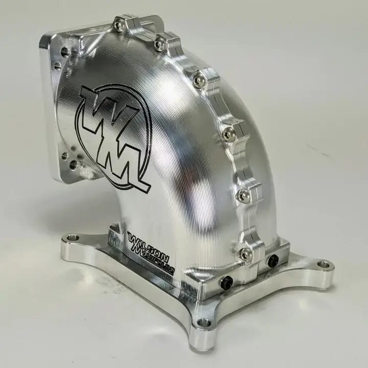 Wilson Manifolds 95MM-105MM 4150 Front/Rear Facing Billet Elbow With Divider - Silver Machined Finish thumbnail 6