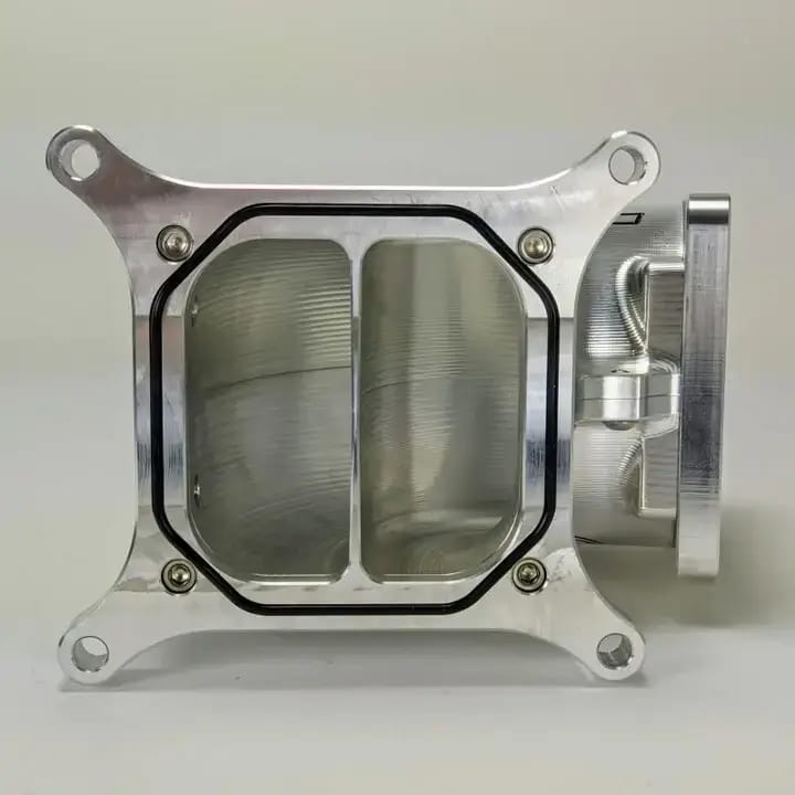 Wilson Manifolds 95MM-105MM 4150 Front/Rear Facing Billet Elbow With Divider - Silver Machined Finish thumbnail 4