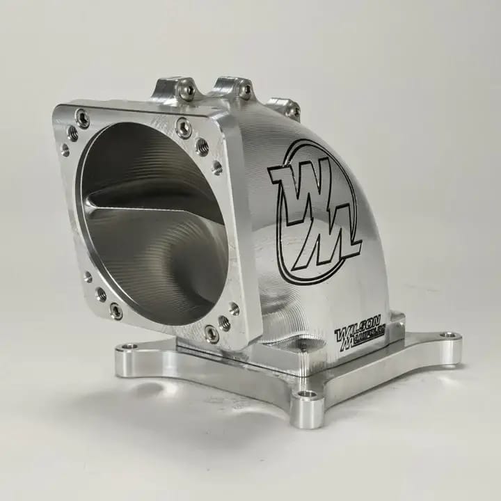 Wilson Manifolds 95MM-105MM 4150 Side/Side Facing Billet Elbow With Divider - Silver Machined Finish