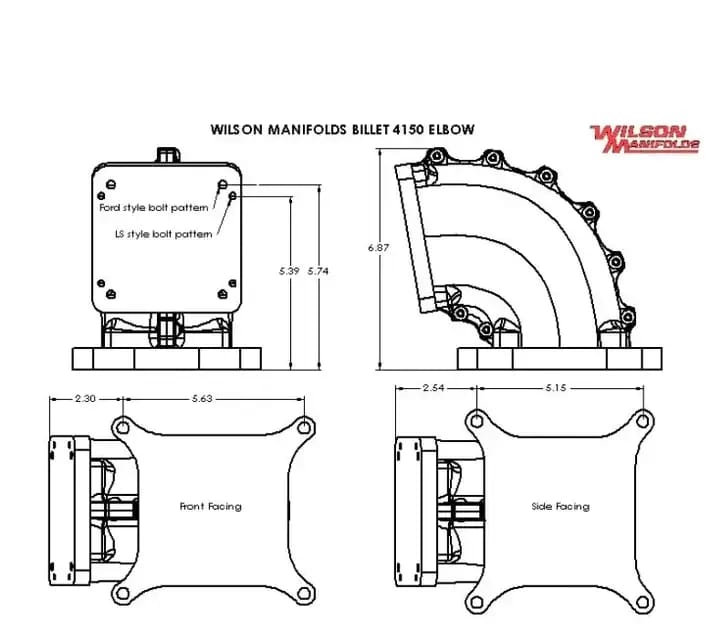 Wilson Manifolds 65MM-92MM 4150 Front/Rear Facing Billet Elbow With Divider - Anodized Black thumbnail 4