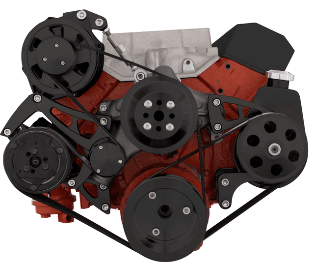 CVF Chevy Small Block Serpentine Conversion System with Mid-Mount AC, Alternator, Power Steering Brackets, For Long Water Pump - Black