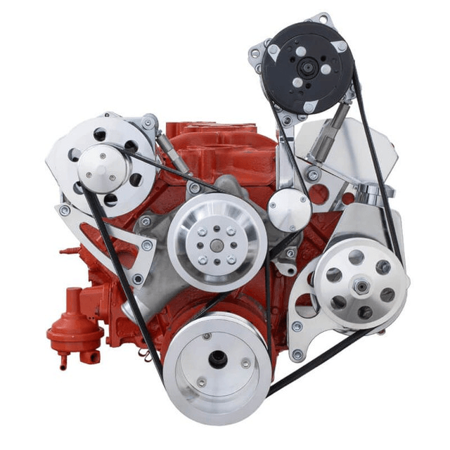 CVF Chevy Small Block Serpentine Conversion System with AC, PS, High Mount ALT Brackets, For Long Water Pump - Polished thumbnail 2
