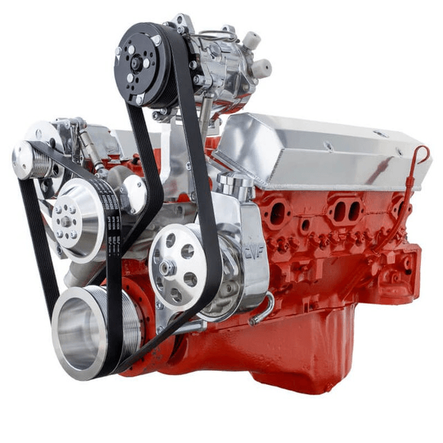 CVF Chevy Small Block Serpentine Conversion System with AC, PS, High Mount ALT Brackets, For Long Water Pump - Polished