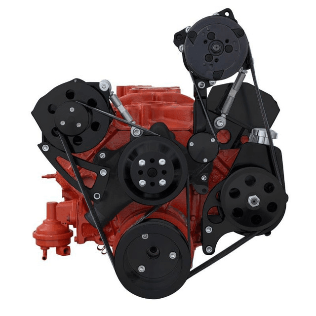 CVF Chevy Small Block Serpentine Conversion System with AC, PS, High Mount ALT Brackets, For Long Water Pump - Black