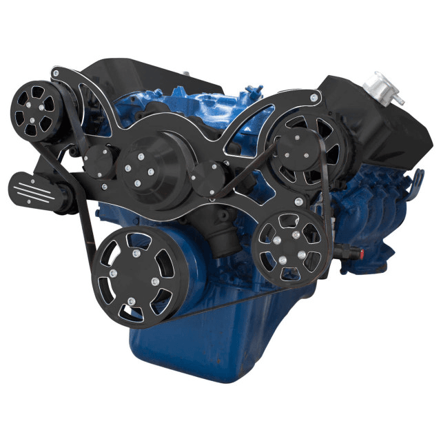 CVF Ford BBF 429 & 460 Serpentine System with Power Steering & Alternator, High Flow Water Pump - Black Diamond (All Inclusive)