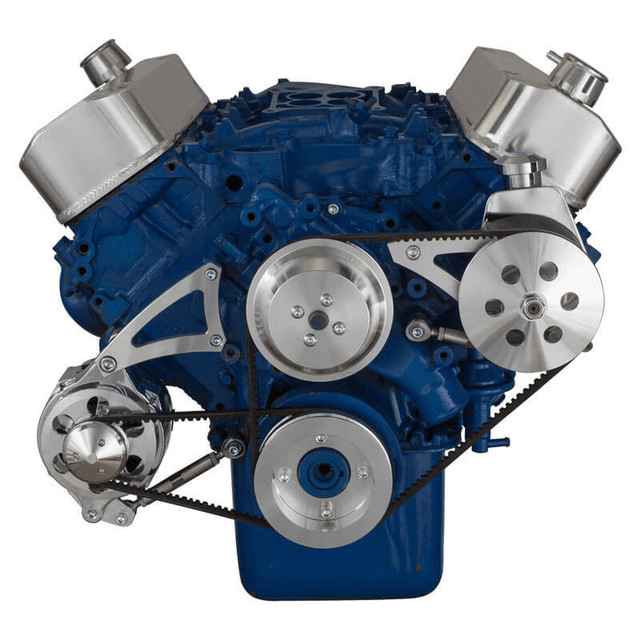 CVF Ford BBF 429 & 460 V-Belt System with Power Steering with Low Mount Alternator Brackets, For High Flow Water Pump - Polished thumbnail 2