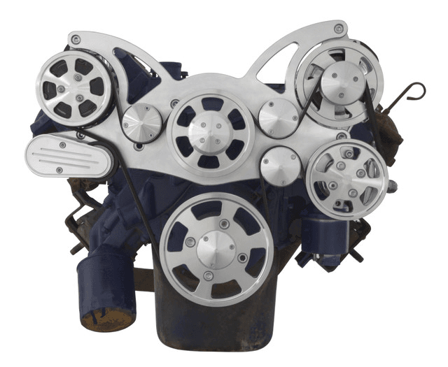 CVF Cadillac 368-500 Serpentine System with Powersteering, AC & Alternator For High Flow Water Pump - Polished (All Inclusive) thumbnail 2