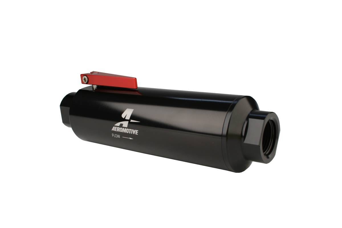 Aeromotive Filter w/ Shutoff Valve 100-m Stainless Mesh element In-Line ORB-12 Port Bright-Dip Black 2-12" OD thumbnail 2