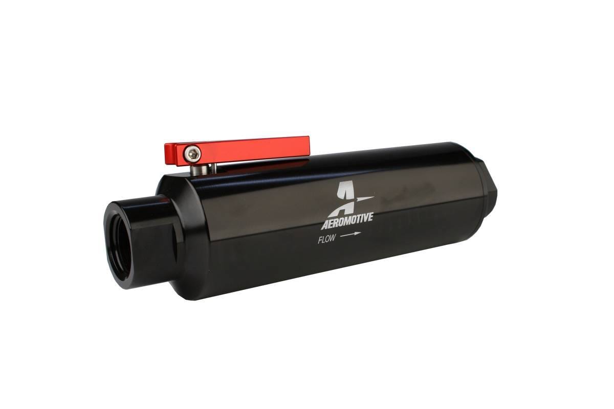 Aeromotive Filter w/ Shutoff Valve 100-m Stainless Mesh element In-Line ORB-12 Port Bright-Dip Black 2-12" OD thumbnail 3