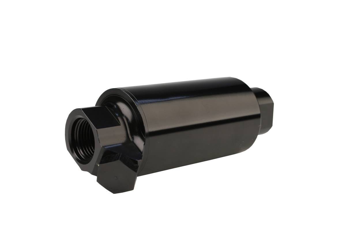 Aeromotive Filter w/ Dual Outlet 10-m Fabric Element In-Line ORB10 Inlet / Outlet plus ORB-06 Outlet Bright-Dip Black 2" OD thumbnail 2