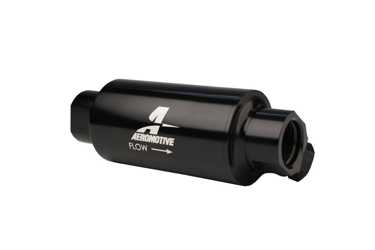 Aeromotive Filter w/ Dual Outlet 10-m Fabric Element In-Line ORB10 Inlet / Outlet plus ORB-06 Outlet Bright-Dip Black 2" OD thumbnail 3