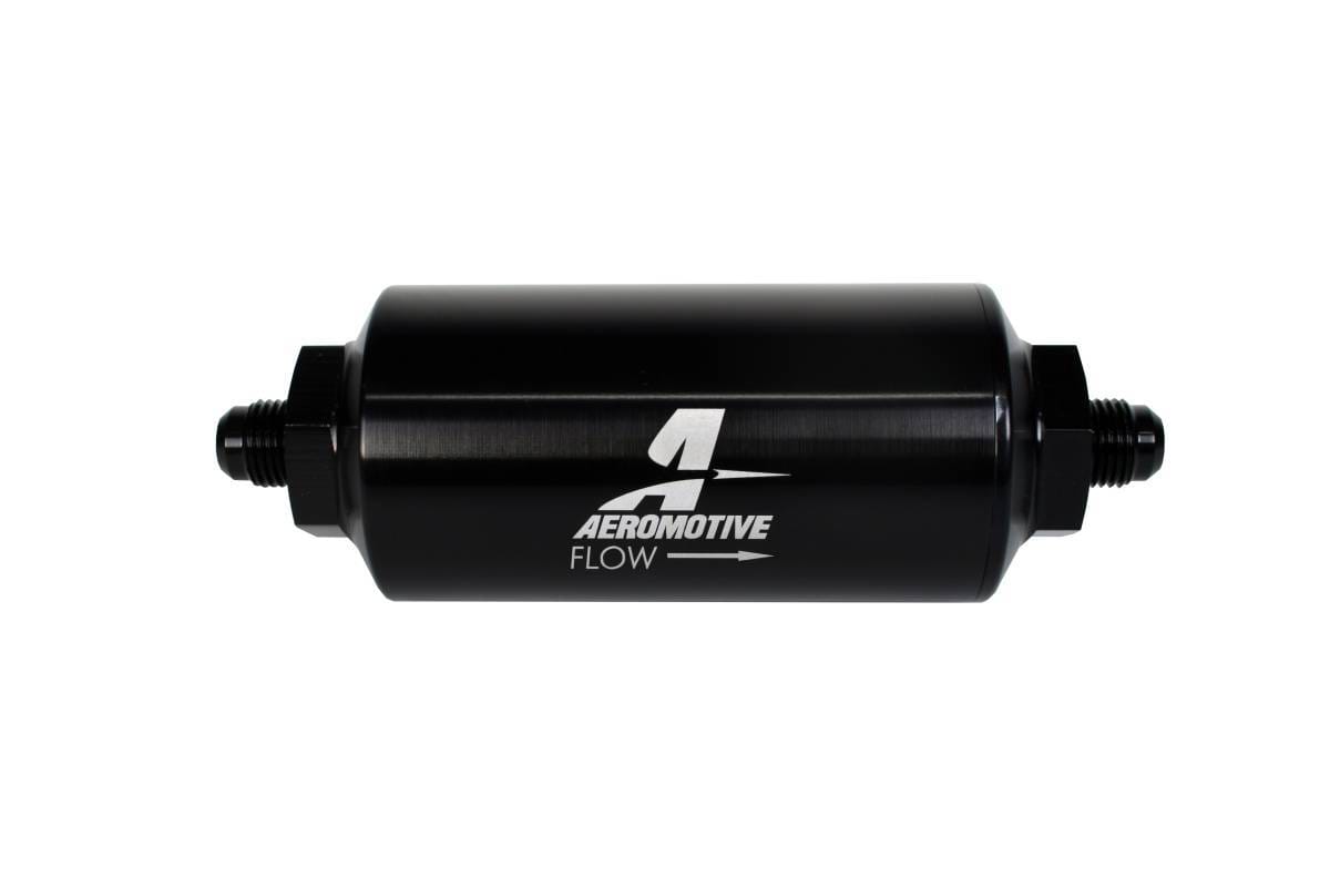 Aeromotive Filter In-Line 40-Micron Stainless Mesh Element AN-06 Male Bright-Dip Black 2" OD 