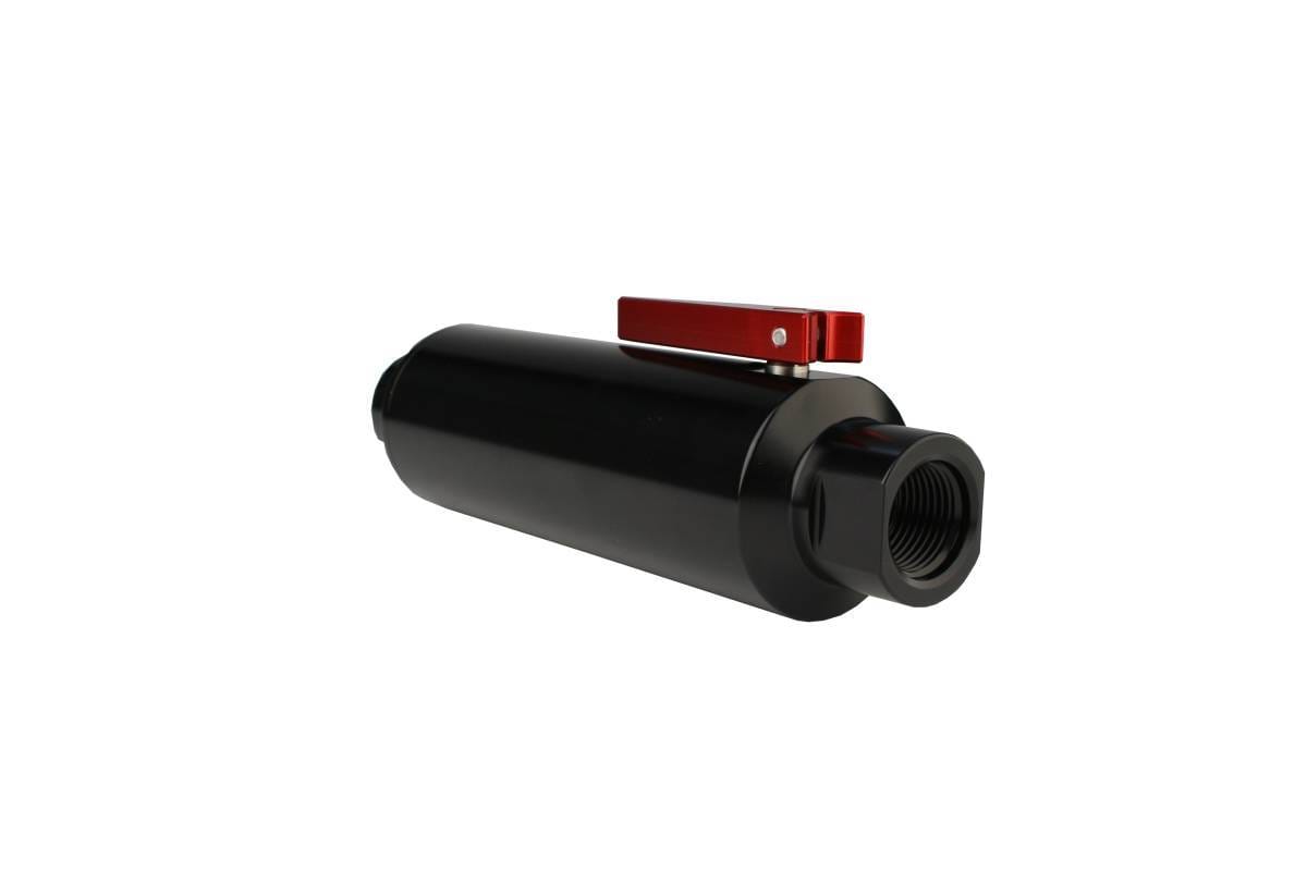 Aeromotive Filter w/ Shutoff Valve 100-Micron Stainless Mesh element In-Line ORB-10 Port Bright-Dip Black 2" OD thumbnail 2