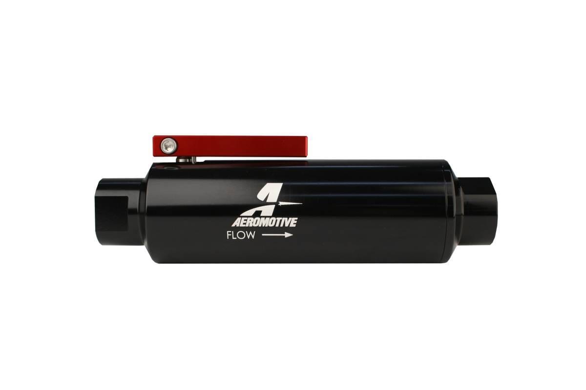 Aeromotive Filter w/ Shutoff Valve 100-Micron Stainless Mesh element In-Line ORB-10 Port Bright-Dip Black 2" OD thumbnail 3