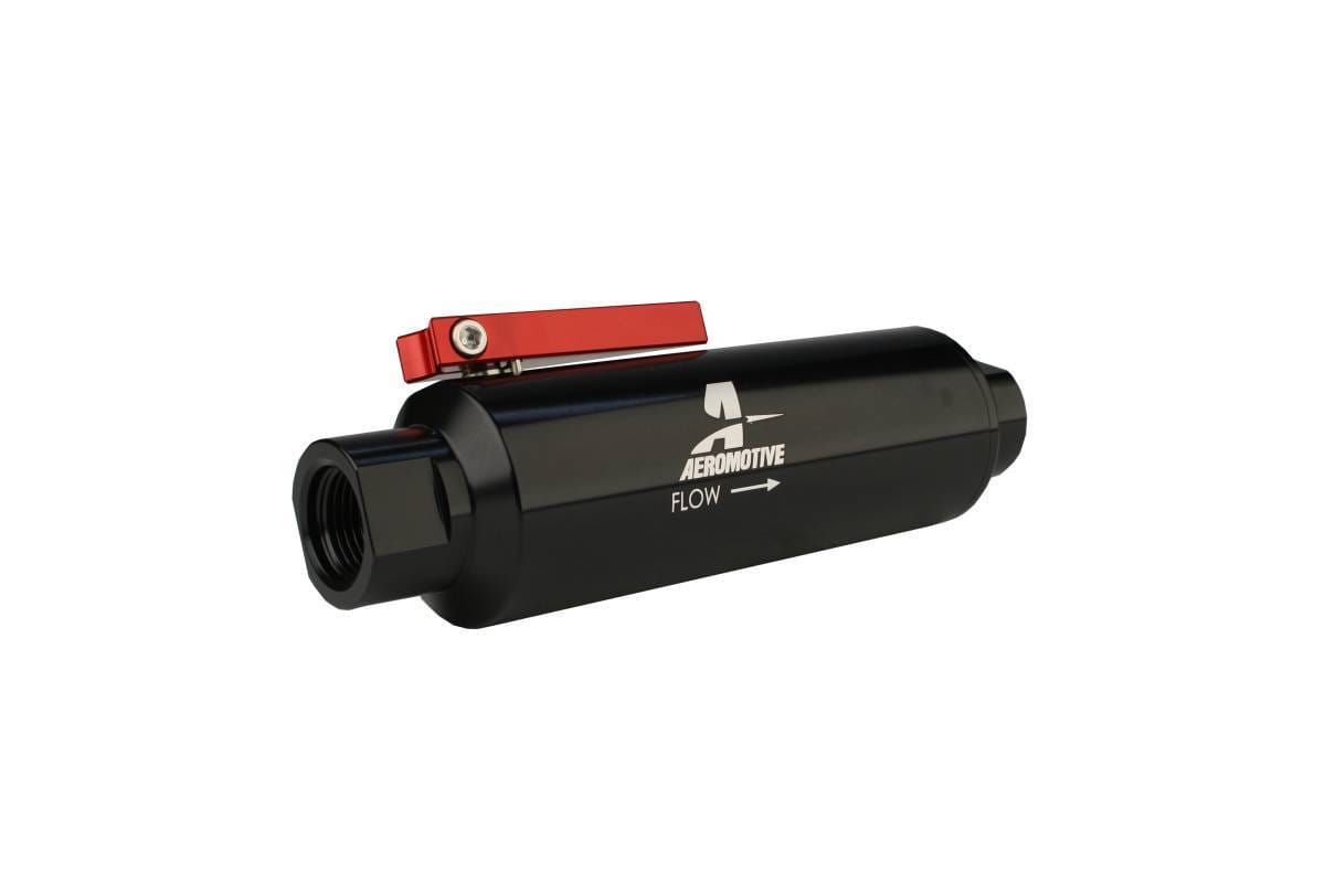 Aeromotive Filter w/ Shutoff Valve 100-Micron Stainless Mesh element In-Line ORB-10 Port Bright-Dip Black 2" OD thumbnail 4
