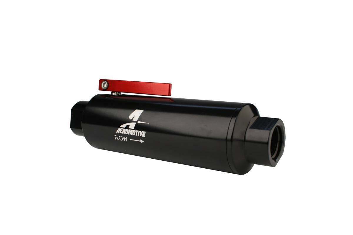 Aeromotive Filter w/ Shutoff Valve 100-Micron Stainless Mesh element In-Line ORB-10 Port Bright-Dip Black 2" OD thumbnail 5