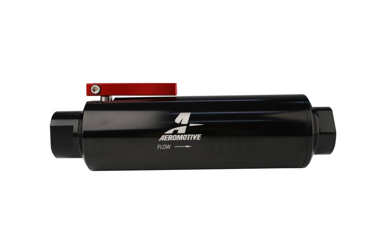 Aeromotive Filter w/ Shutoff Valve 100-m Stainless Mesh element In-Line ORB-12 Port Bright-Dip Black 2-12" OD