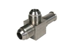 Aeromotive Stainless Steel Coupler to convert Ford OE Fuel line (1986 thru 2006) to Dual -8 AN male ports (1/8" NPT gage port included) - 15102