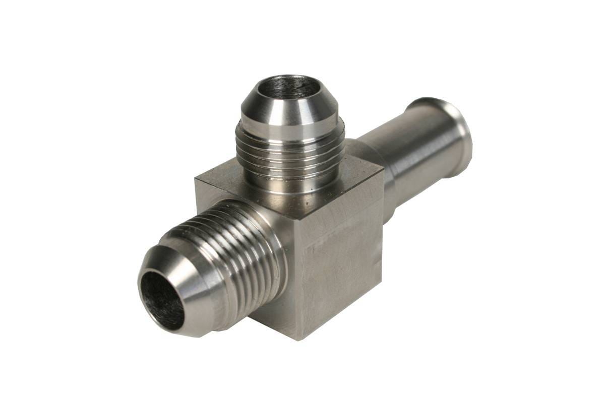 Aeromotive Stainless Steel Coupler to convert Ford OE Fuel line (1986 thru 2006) to Dual -8 AN male ports (1/8" NPT gage port included) - 15102