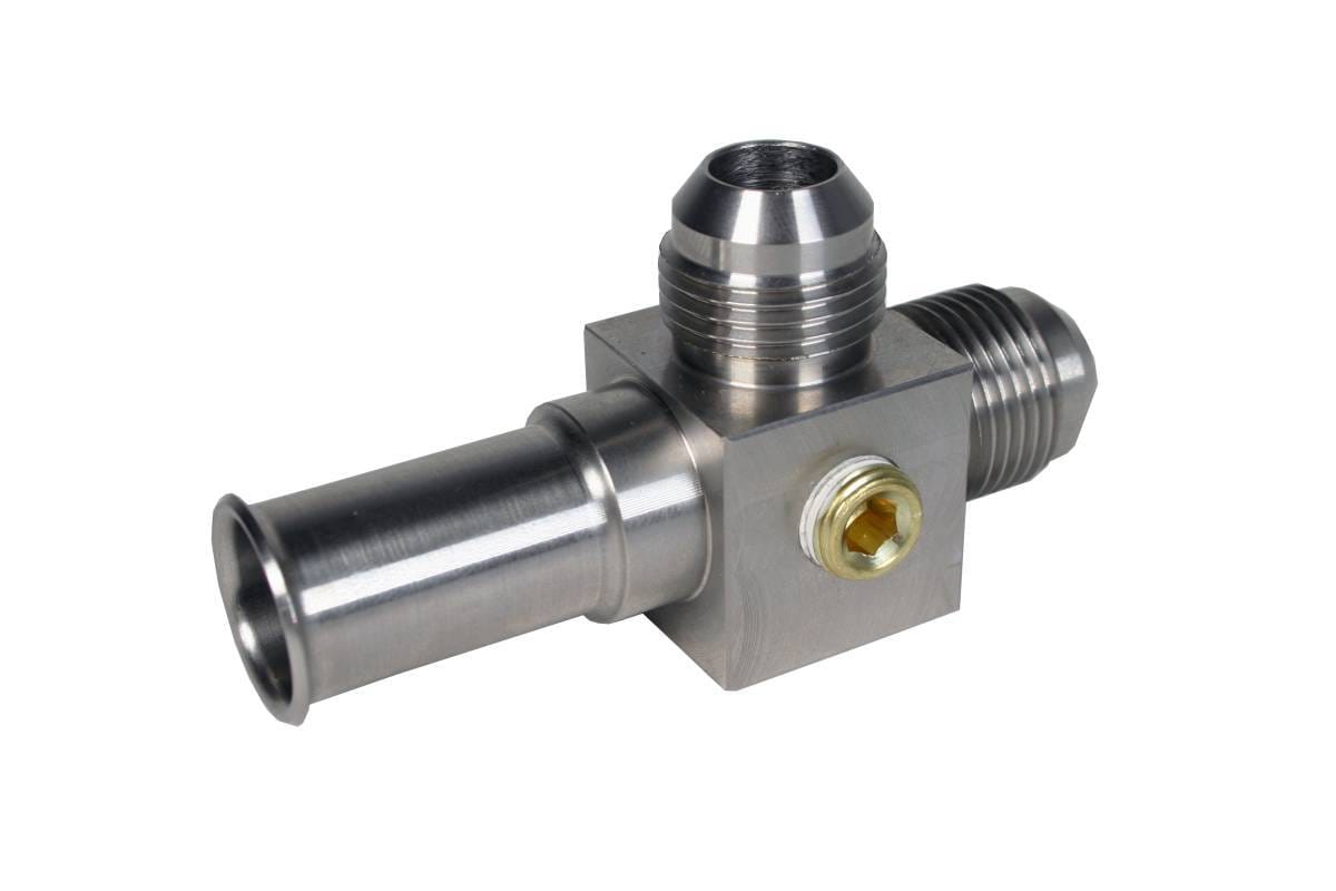 Aeromotive Stainless Steel Coupler to convert Ford OE Fuel line (1986 thru 2006) to Dual -8 AN male ports (1/8" NPT gage port included) - 15102 thumbnail 2