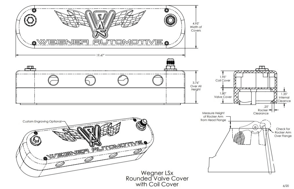 Wegner LS Billet Aluminum Rounded Classic Style Valve Covers W/ Coil Cover - Black thumbnail 3