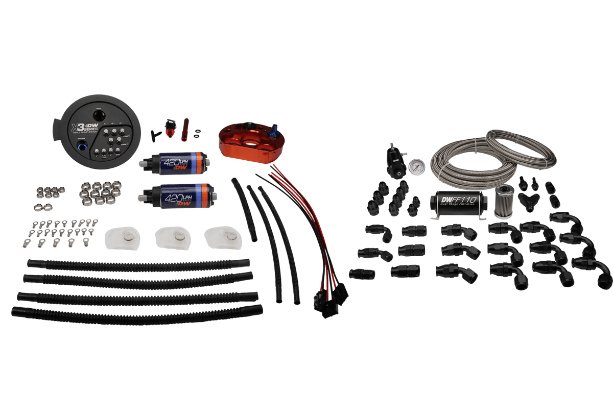DeatschWerks 20+ Toyota GR Supra MK5 / 21+ BMW M3/M4 X3 Series Dual Fuel Pump Module w/ PTFE Return Plumbing Kit - Fuel Pumps Included