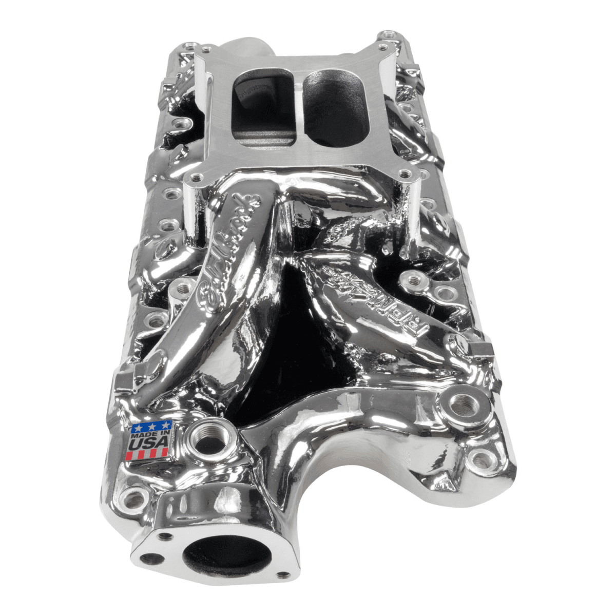 Edelbrock Performer RPM Air-Gap Dual Plane Intake Manifold for SBF 302/331/347 w/ Holley 4150 Pattern - Chrome Plasma thumbnail 2