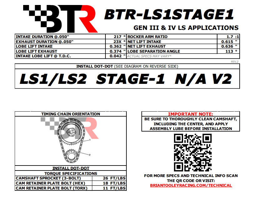 BTR LS1/LS2 Stage 1 Camshaft W/ Valve Train Components - 60+ HP Gain thumbnail 2