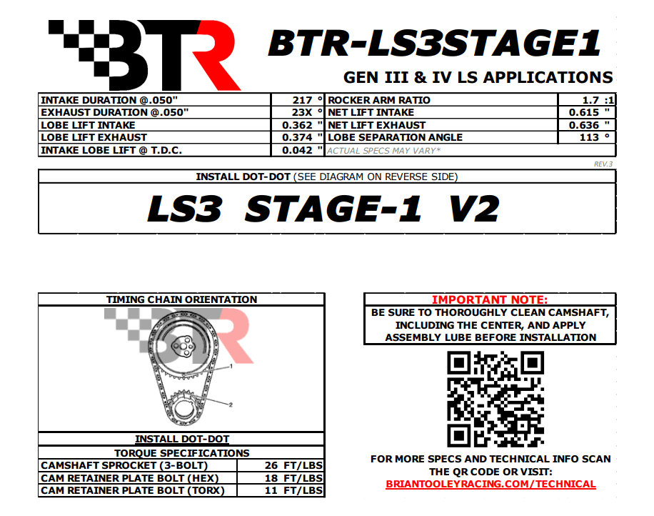 BTR Stage 1 Naturally Aspirated 3-Bolt Camshaft For LS3 Engines - 55+ HP Gain thumbnail 3