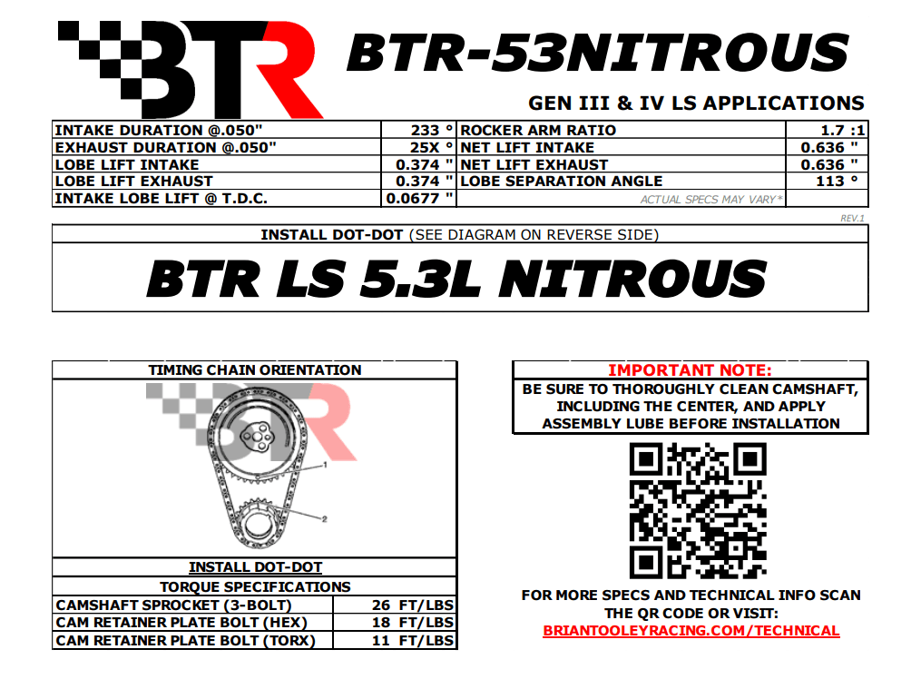 BTR Naturally Aspirated Nitrous Torque Camshaft For LS 5.3L Truck Engines thumbnail 2