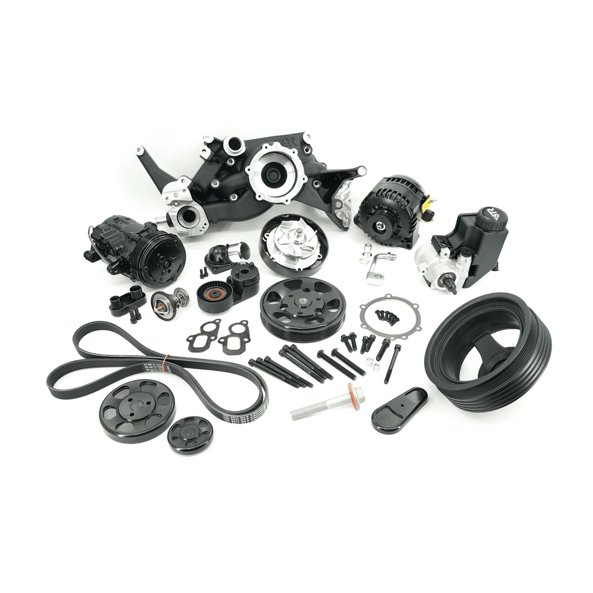 BTR LT 6-Rib Front Accessory Drive Bracketless System w/ PS, AC & Alternator and Dress-Up Kit - Black
